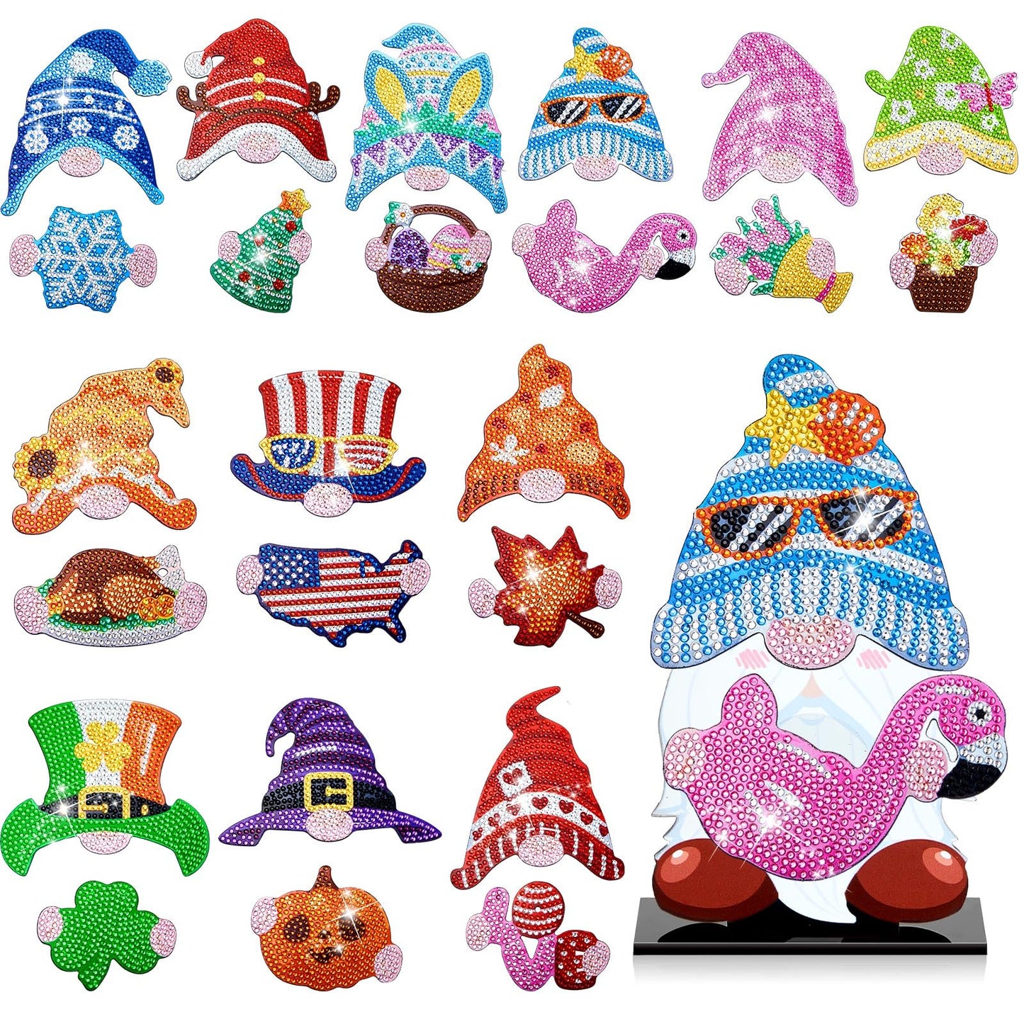 Menkxi 24 Pcs Magnetic Diamond Painting Gnome Diamond Art Interchangeable Stand Decor DIY Holiday Seasonal Tiered Tray Decoration with Magnet Pieces Detachable for Office Home Summer Decorations