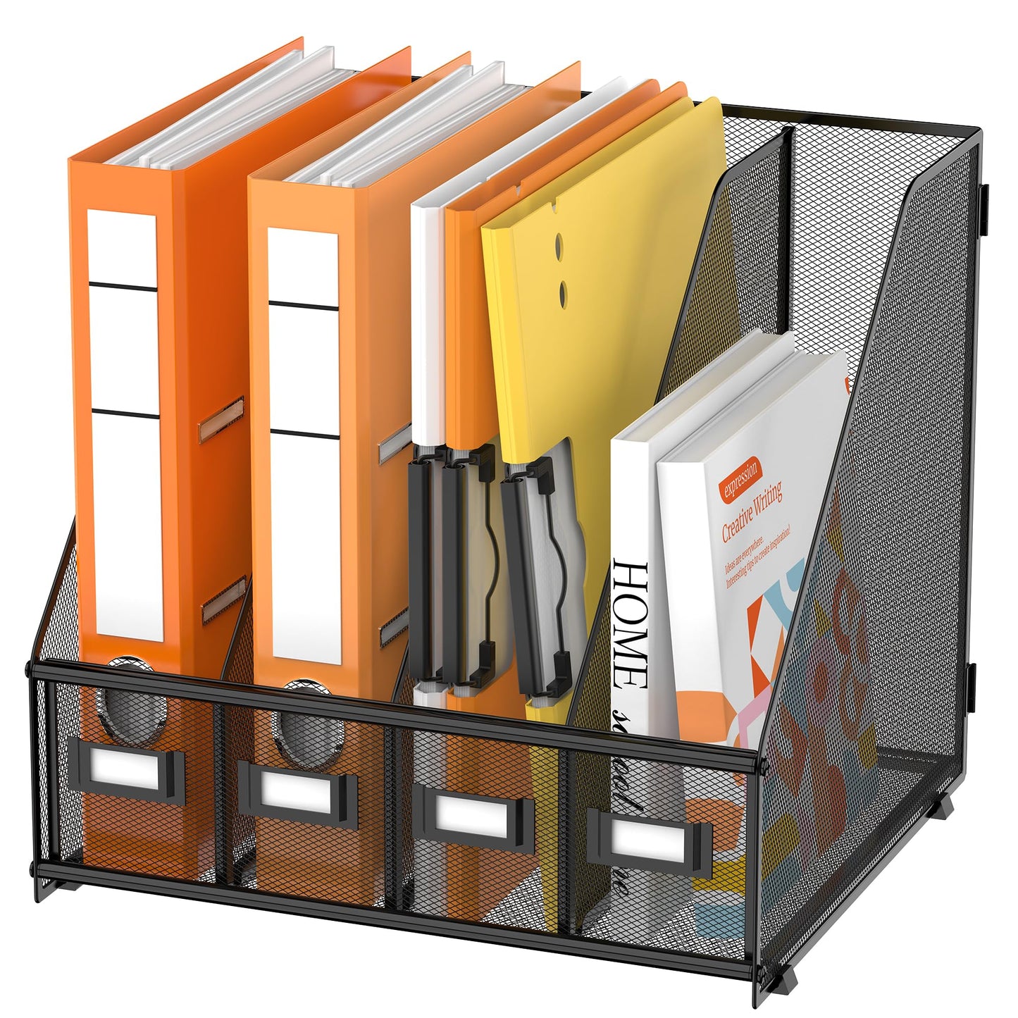 DALTACK 4 Vertical Compartments Magazine File Holder, Binder Organizer, Metal Desk Organizers for Office Home School Classroom Organization, Black