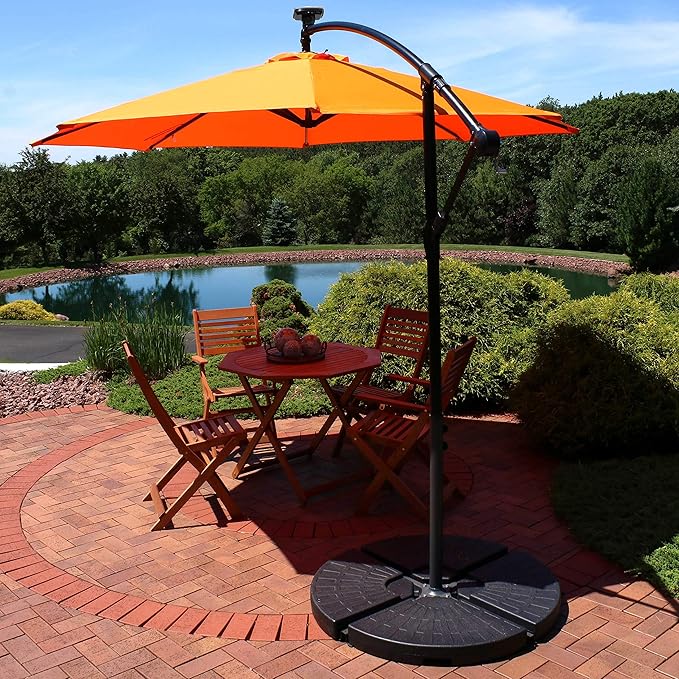 Sunnydaze 10' Solar Offset Patio Umbrella - Solar Cantilever Umbrella Outdoor with LED Lights - Polyester Shade, Air Vent, & Cross Base