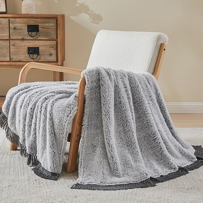 EMME Fuzzy Blanket Soft Fleece Throw Blankets for Women, Fluffy Sherpa Throws(Tassel Grey,60"x80")