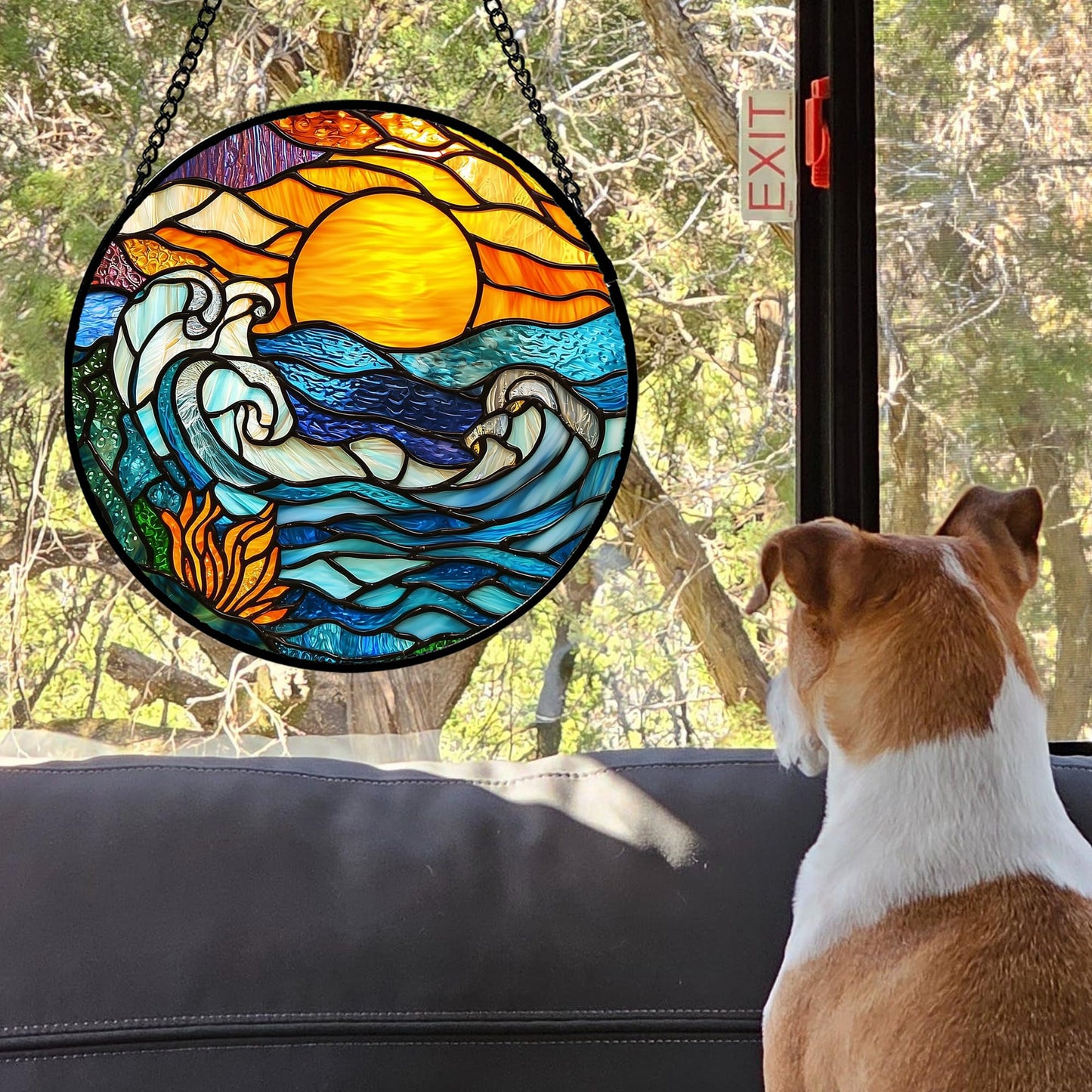 JOSUMALY Stained Glass Window Hanging, Orange Sun Blue Sea Waves Landscape Suncatcher for Doors Window Home Sun Catchers Decor Mother's Day Birthday Gifts for Women, Men Mom 9.8 in