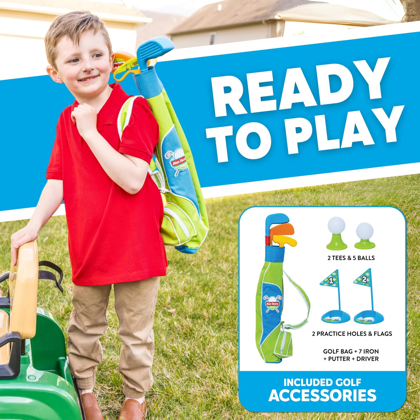 Kid Trax 6V Golf Cart Ride-On for Toddlers, Ages 3+, Golf Clubs & Balls, Lights & Sounds, 2MPH Max Speed, 66lbs Capacity, Seat Belt & Cup Holder, Rechargeable Battery, Forward & Reverse