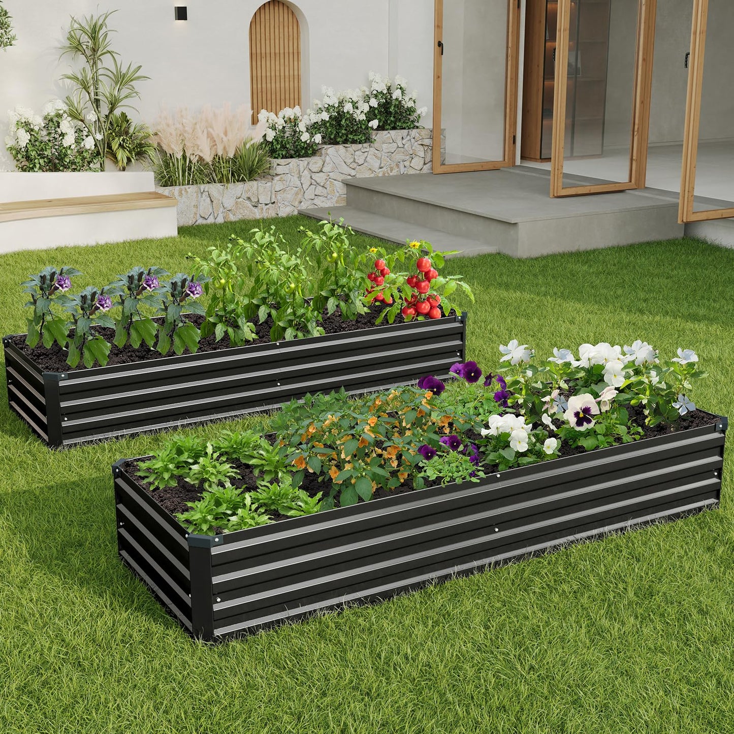 ZUNUDA 8×2×1FT(2PCS) Galvanized Raised Garden Bed Kit Metal Planter Boxes,Large Outdoor Planters Garden for Planting Vegetables,Flowers,Herbs -Black
