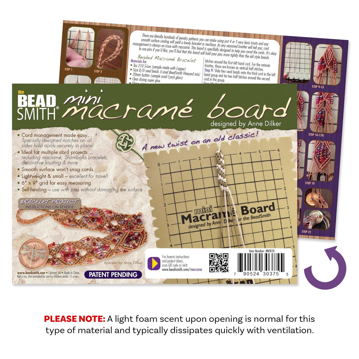 The Beadsmith Mini Macrame Combo - Bead Board 7.5 x 10.5 inches - Box of 40 T-pins 1.75 inches - Bracelet Project & Instructions Included - Ideal for securing & creating Macrame and Knotting Creations