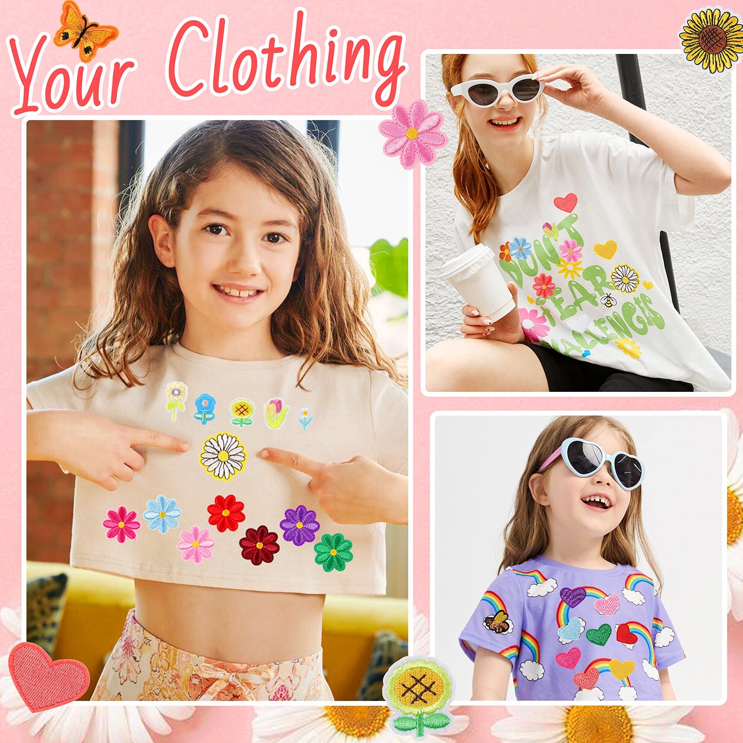 NICEVINYL Random Iron on Patches for Clothing: 120PCS Flower Heart Patch Iron on Cute Butterfly Embroidered Sew Applique Repair Patches for Jeans Jackets Backpacks