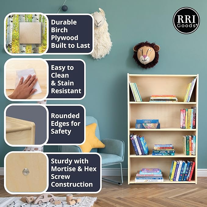 Child Three-Shelf Bookcase, 41.5”H x 24”W x 11.5”D Sturdy Birch Plywood Shelves for Daycare Storage of Books, Toys, Supplies, Smooth Natural Wood (42")