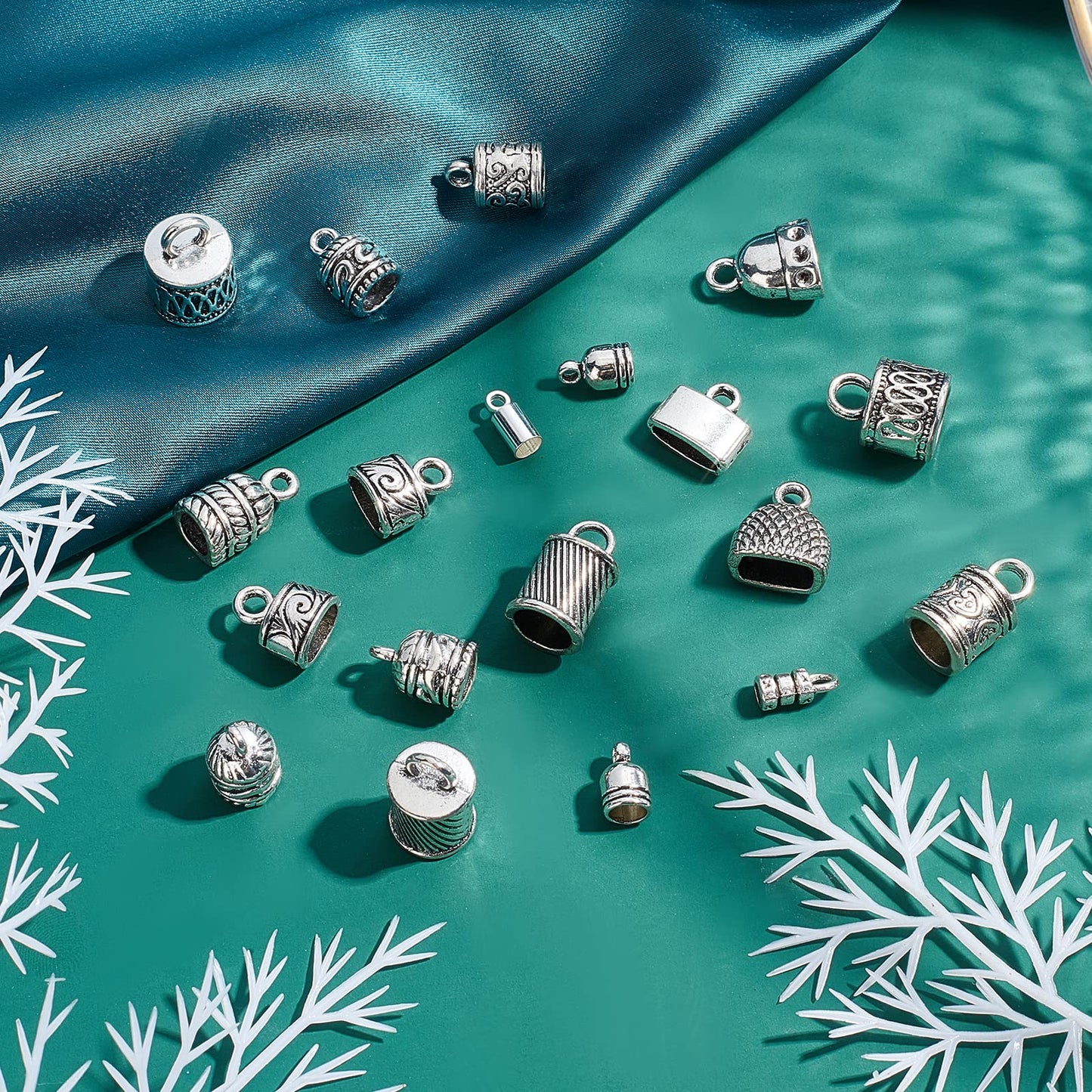 PH PandaHall Cord End Cap, 140pcs 14 Styles Alloy Glue in End Caps Leather Cord End Cap Bead Tube Barrel Loop Clasp for Tassels Earring Bracelet Jewelry DIY Craft Making, Antique Silver