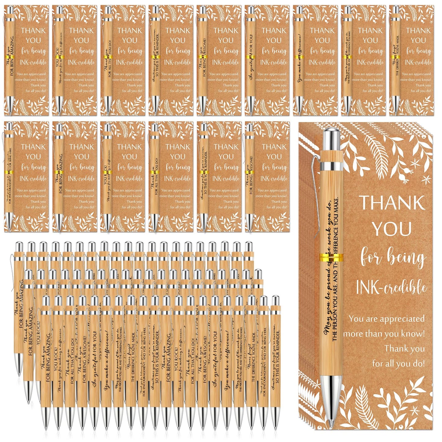 ReliThick 50 Sets Employee Appreciation Gift Bulk Inspirational Bamboo Ballpoint Pen with Thank You Greeting Card Graduation Appreciation Gift for Teacher Coworker Nurse Staff Student Office Team