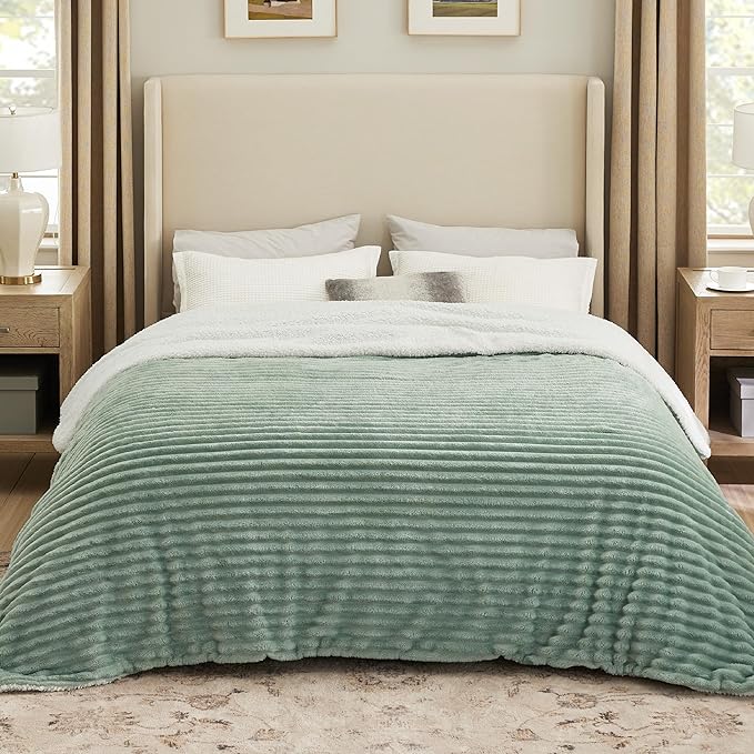 Bedsure Sherpa Blanket Queen Size for Bed - Super Soft, Cozy Fleece Thick Warm Blanket for Winter, GentleSoft Home Room Decor, Sage Green, 90x90 Inches