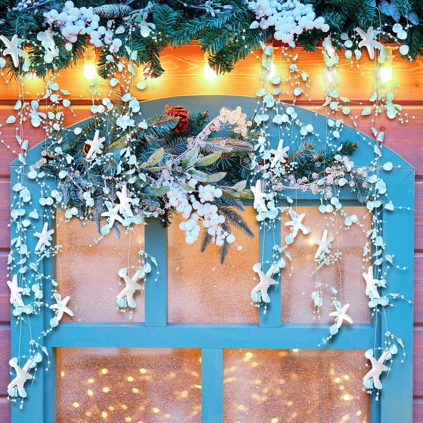 16 ft Ocean Themed Garland Ocean Beaded Starfish Shell Decor Coastal Beaded Beach Garland for Mantle Fireplace Summer Wedding Home Decor Supply(Blue)