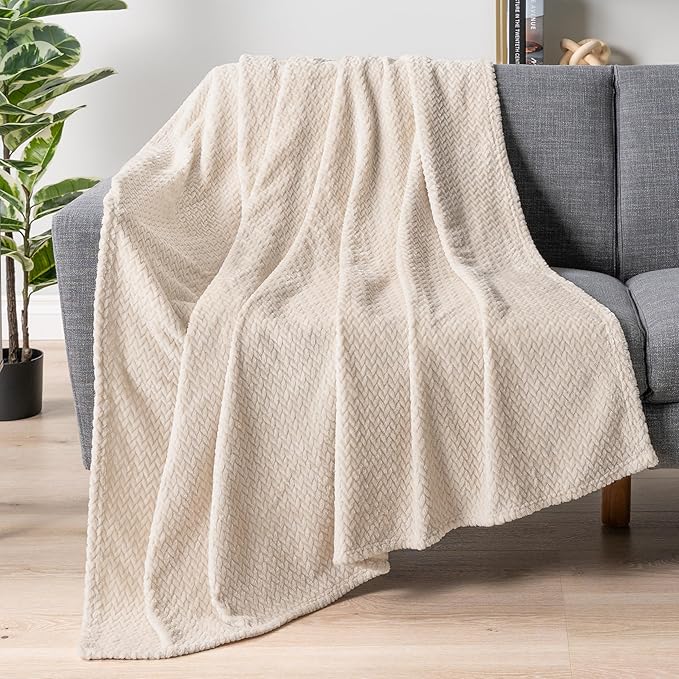 PAVILIA Soft Fleece Ivory Cream Throw Blanket for Couch, Lightweight Plush Warm Blankets for Bed, Fuzzy Cozy Flannel Blanket Throw for Sofa, Travel, Jacquard Pattern, Ivory/Cream, Twin, 60x80 inch