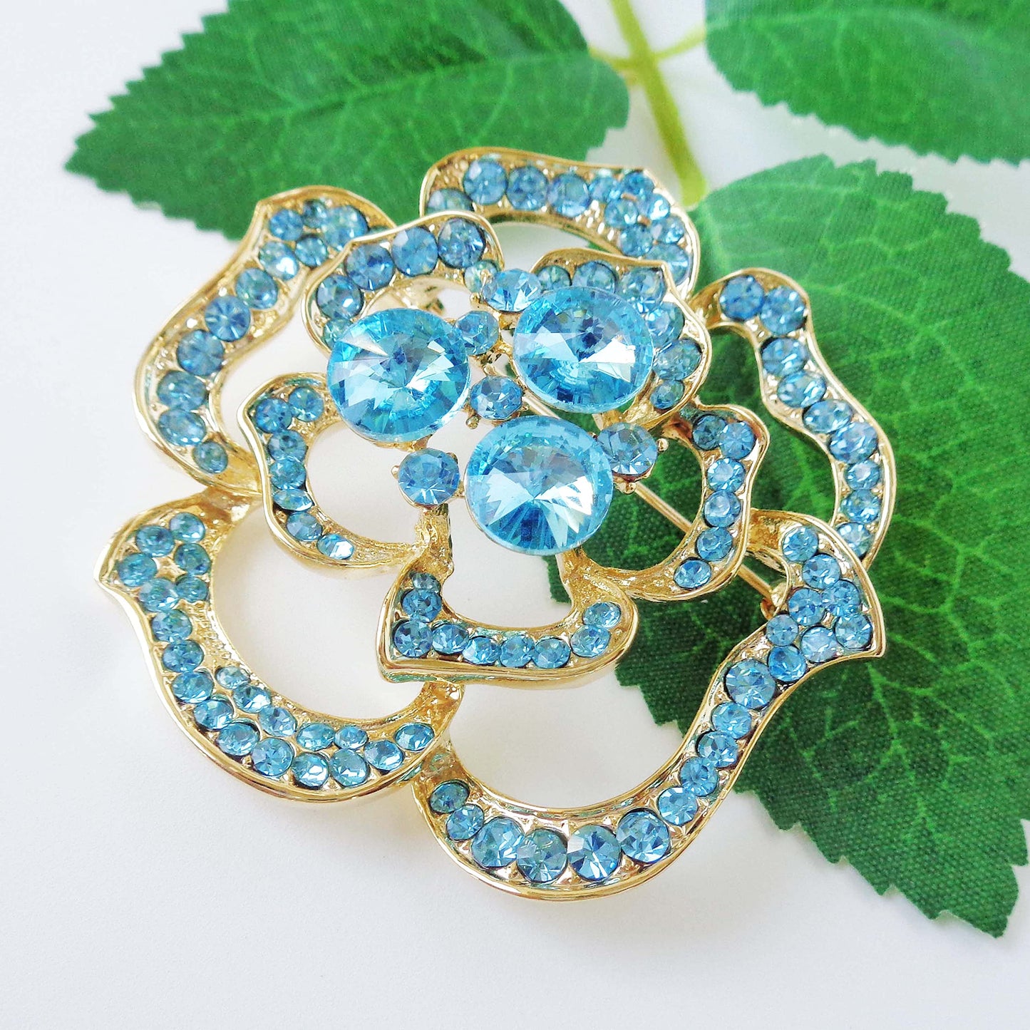 Navachi 18k Gold Plated Blue Crystal Blooming Rose Flower Az7438b Brooch pins