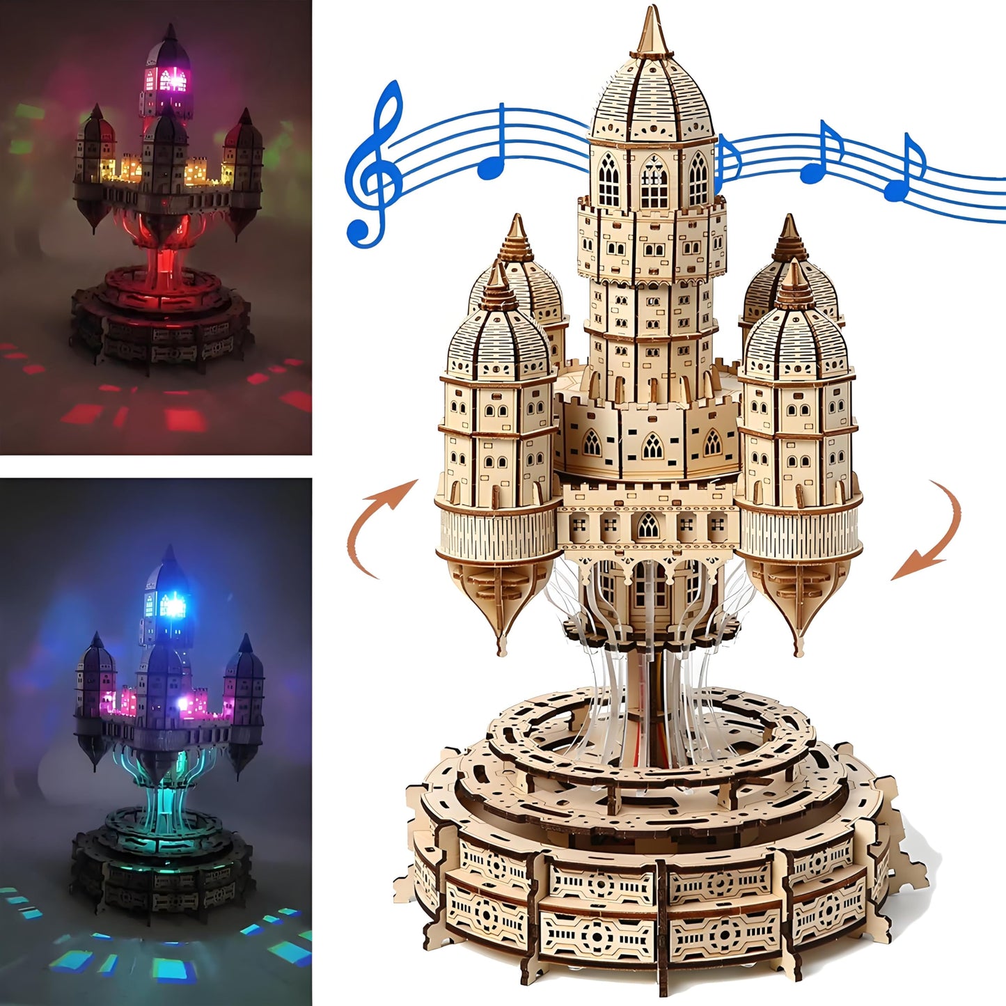 3D Wooden Puzzle for Adults Castle City in the Sky Music Box Puzzle Kit, 521 Pieces LED Light & Rotating Base DIY Mechanical Building Kit for Adults & Teens, Unique Home Decor & Creative Gift Idea