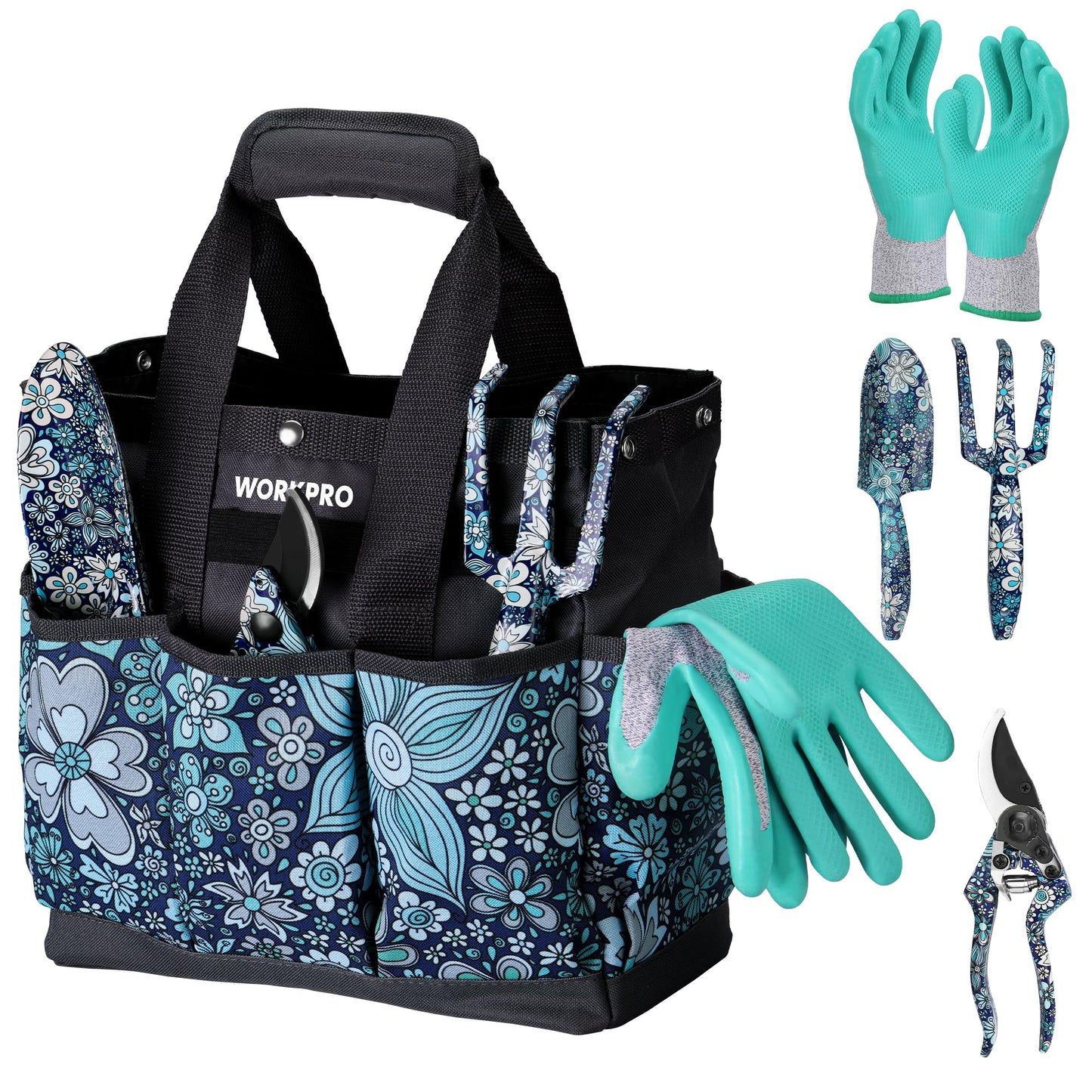 WORKPRO 5PCS Garden Tool Set, Aluminum Heavy Duty Gardening Tool Set with Garden Tool Bag, Outdoor Garden Hand Tools, Floral Blue