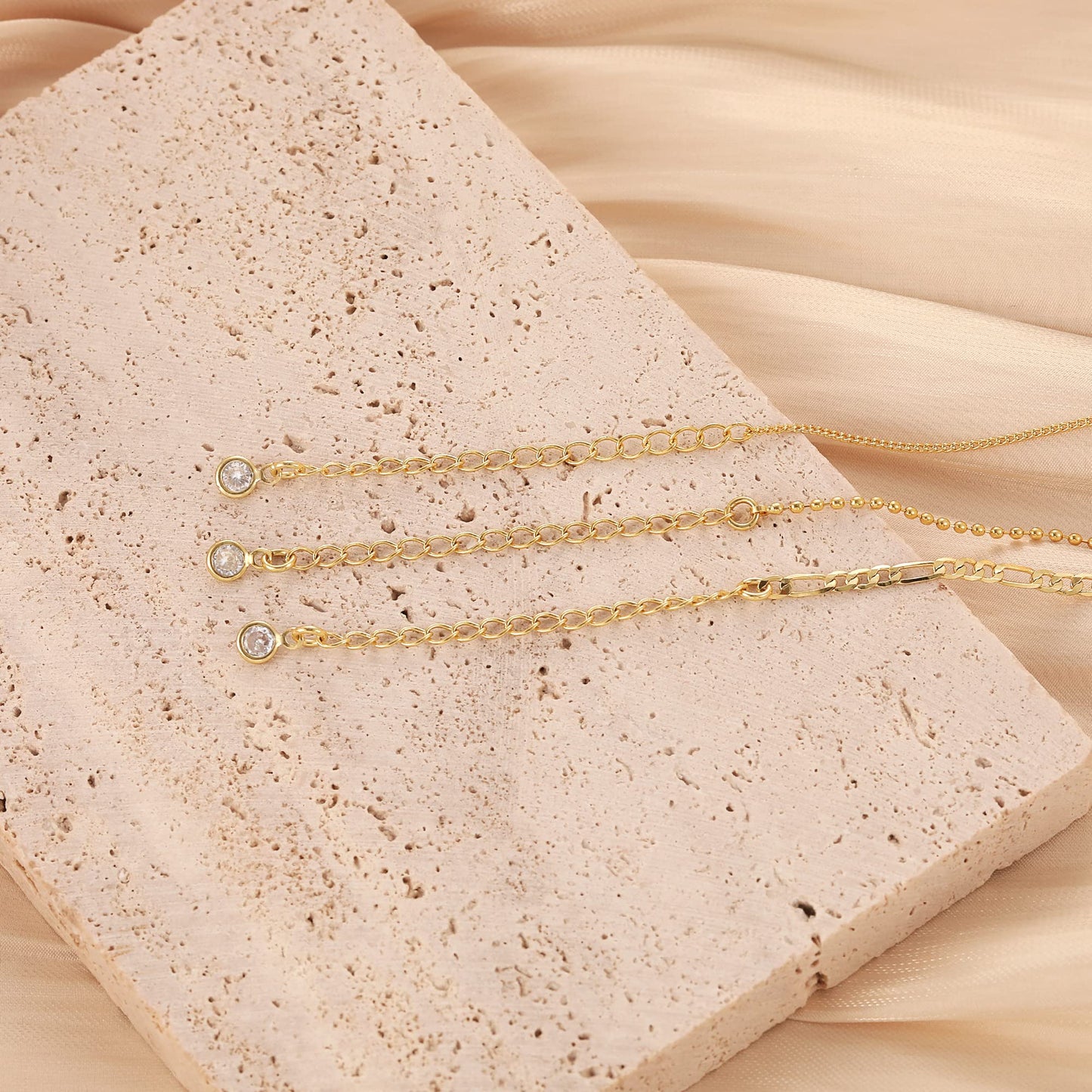 Freekiss Layered Gold Necklace for Women - 14K Gold Filled Herringbone, Stackable Cuban Figaro Beaded Link Chain, Dainty Gold Choker
