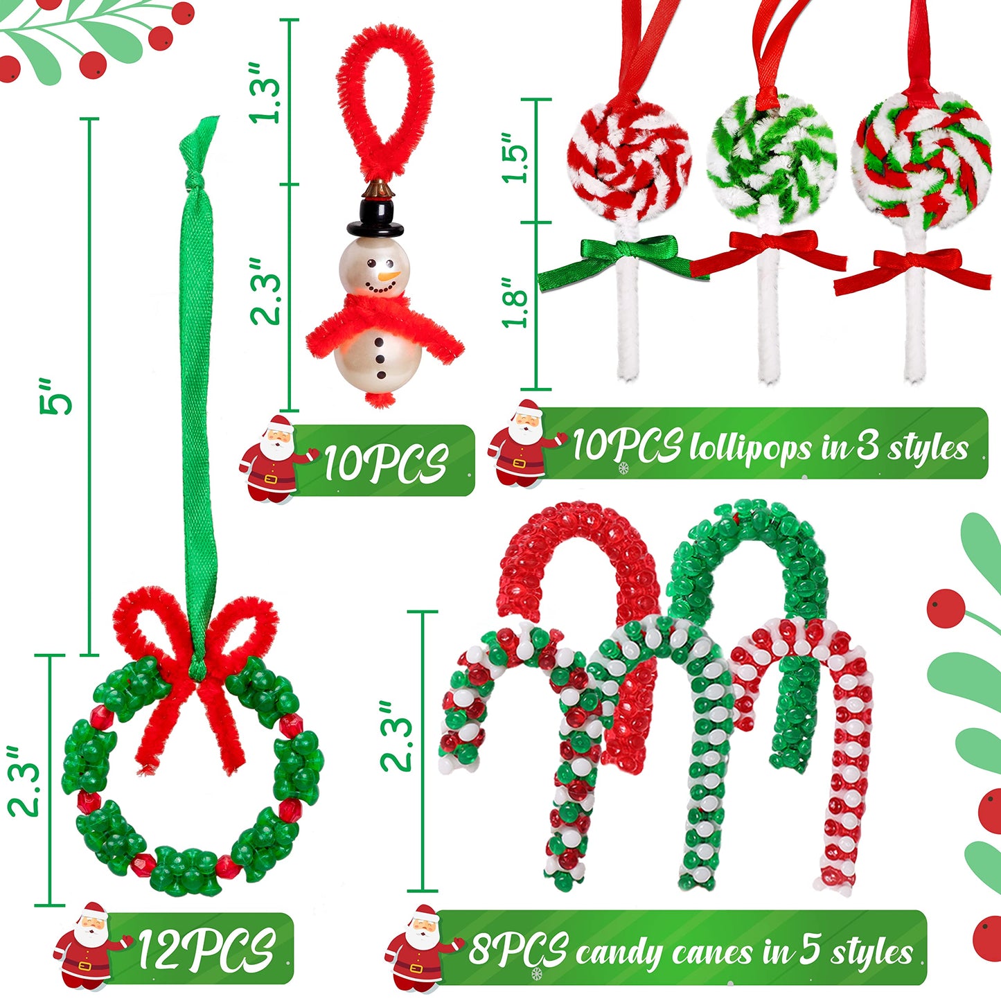 luck sea 40PCS Christmas Crafts Beaded Ornament Kit - Including 10 PCS Snowman,12 PCS Wreath,8PCS Candy Cane,10PCS Lollipop, Xmas Holiday Party Tree Favor Decorations