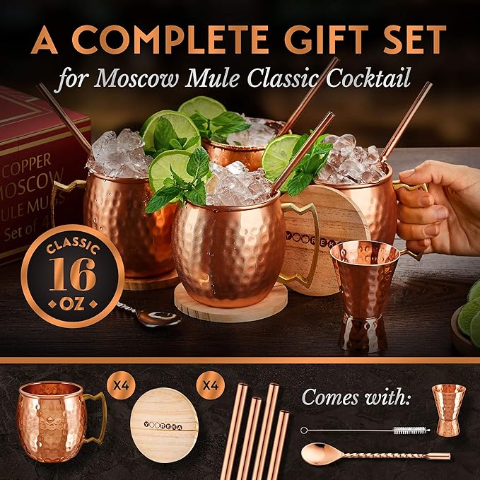 Moscow Mule Mugs - 100% Pure Copper for Drinking Beverages with Moscow Mule Cups Set of 4-16 oz Mugs, 4 Straws, 4 Coasters, Stirring Spoon, Shot Glass, Brush & Pure Copper Cup Gifts for Him