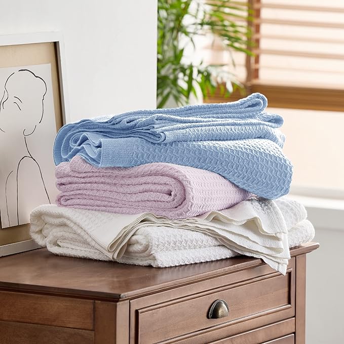 Bedsure 100% Cotton Blanket King Size for Bed - Breathable and Soft, Waffle Weave Blanket for Summer Spring, Sky Blue, 104x90 inches