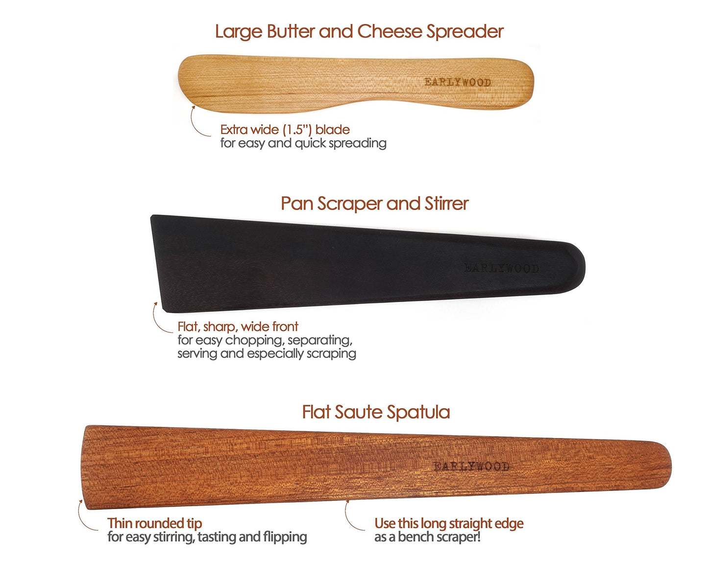 3-Piece Wooden Kitchen Cooking Utensil Set - Comes w/a Thin Wood Spatula Flipper, Cast Iron Scraper Stirrer and Butter Turner/Cheese Spreader - Wooden Utensils Set - Made in USA-JEM