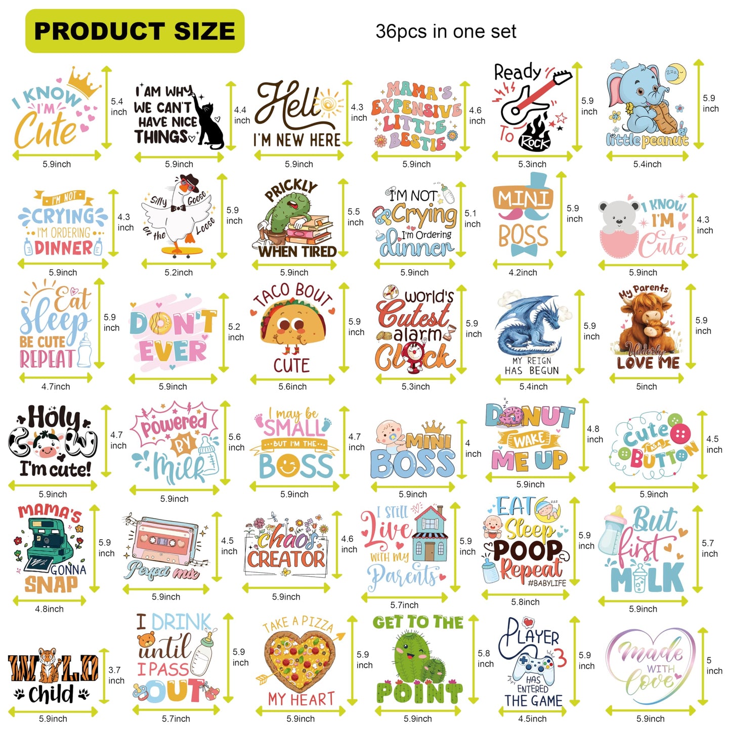 HiTransfer Iron on Decals for Clothing, 36 Sheets, Baby Shower Games Heat Transfer Stickers, Cute Animal Theme, Gender Reveal Patch for Bibs and Bodysuit DIY Crafts (Cute Animals - 36PCS)