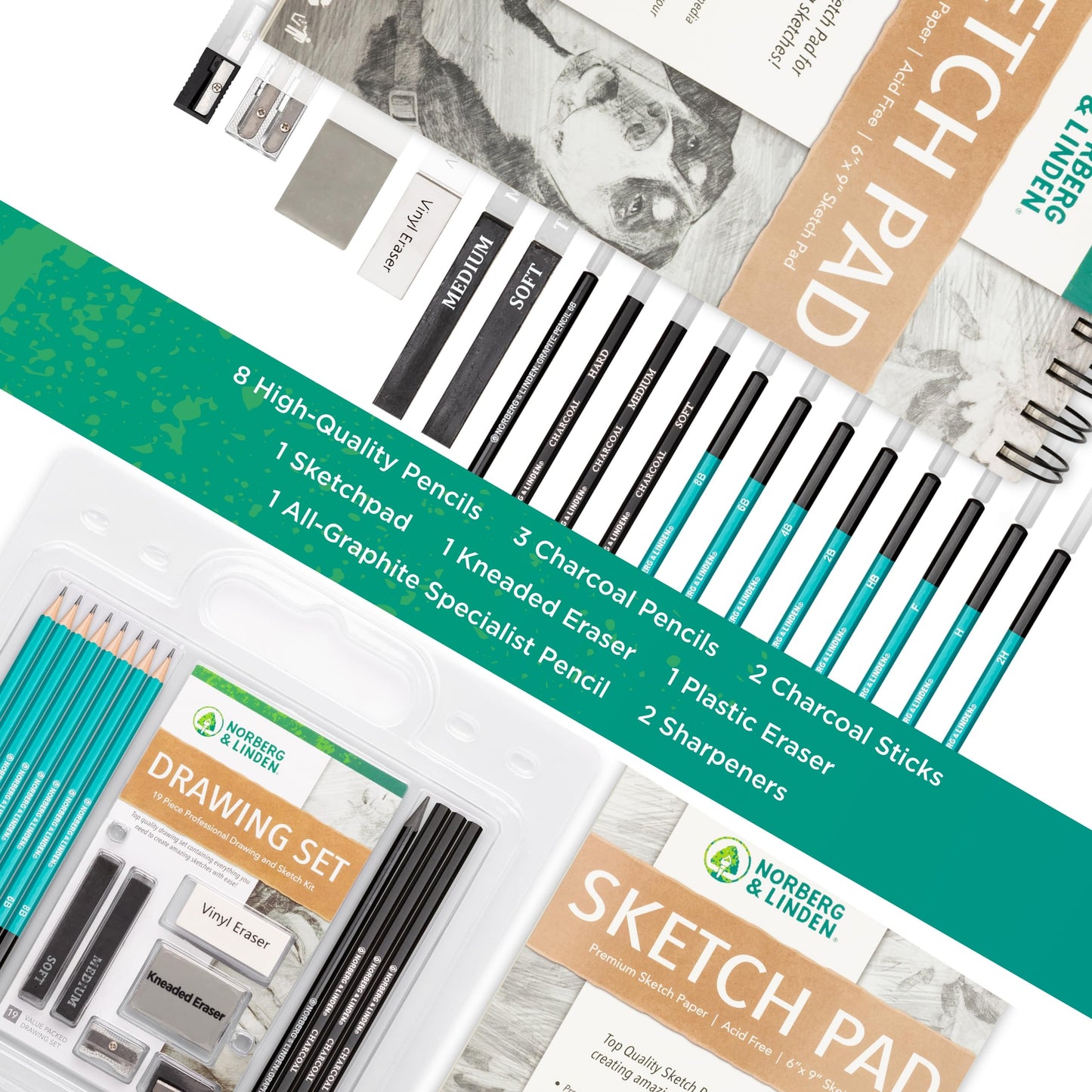 Drawing Set - Sketching and Charcoal Pencils - 100 Page Drawing Pad, Kneaded Eraser. Art Kit and Supplies for Kids, Teens and Adults, Sketch Set