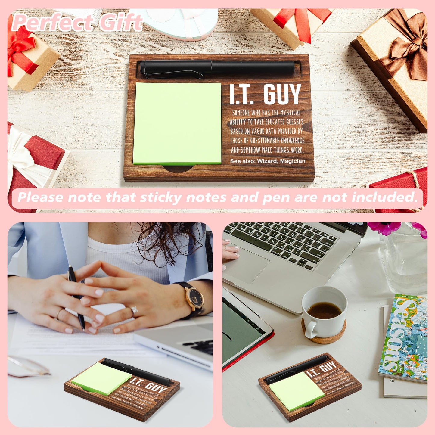 Funny I.T. Guy Sticky Note Holder Wooden Notepad & Pen Holder 6.5" x 4.7" IT Tech Sticky Note Pad Holder Dispenser for Desk I.T. Guy Definition for Tech Support Work Appreciation Gifts, NPA243