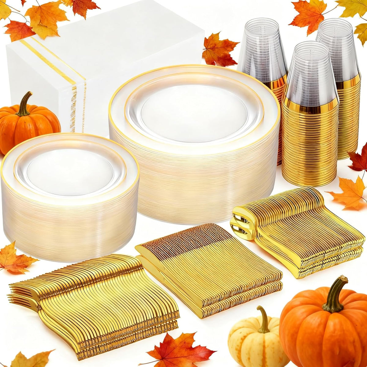 GATHER 350PCS Clear Gold Plastic Plates - Disposable Gold Dinnerware Sets Includes 100 Gold Rim Plastic Plates, 150 Silverware, 50 Napkins, 50 Cups for Party, Wedding & Birthday & Thanksgiving