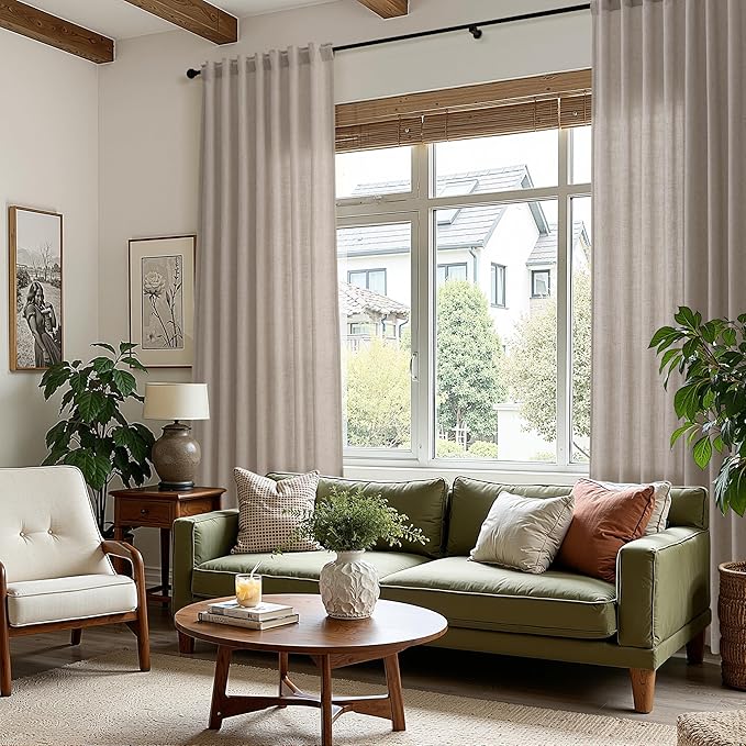Nanspring Stone Beige Linen Curtains 96 Inches Long for Living Room Simple Modern Luxury Light Filtering Semi Sheer Curtain Back Tab Farmhouse Decor Drapes for Bedroom Office 52x96, 2 Panels
