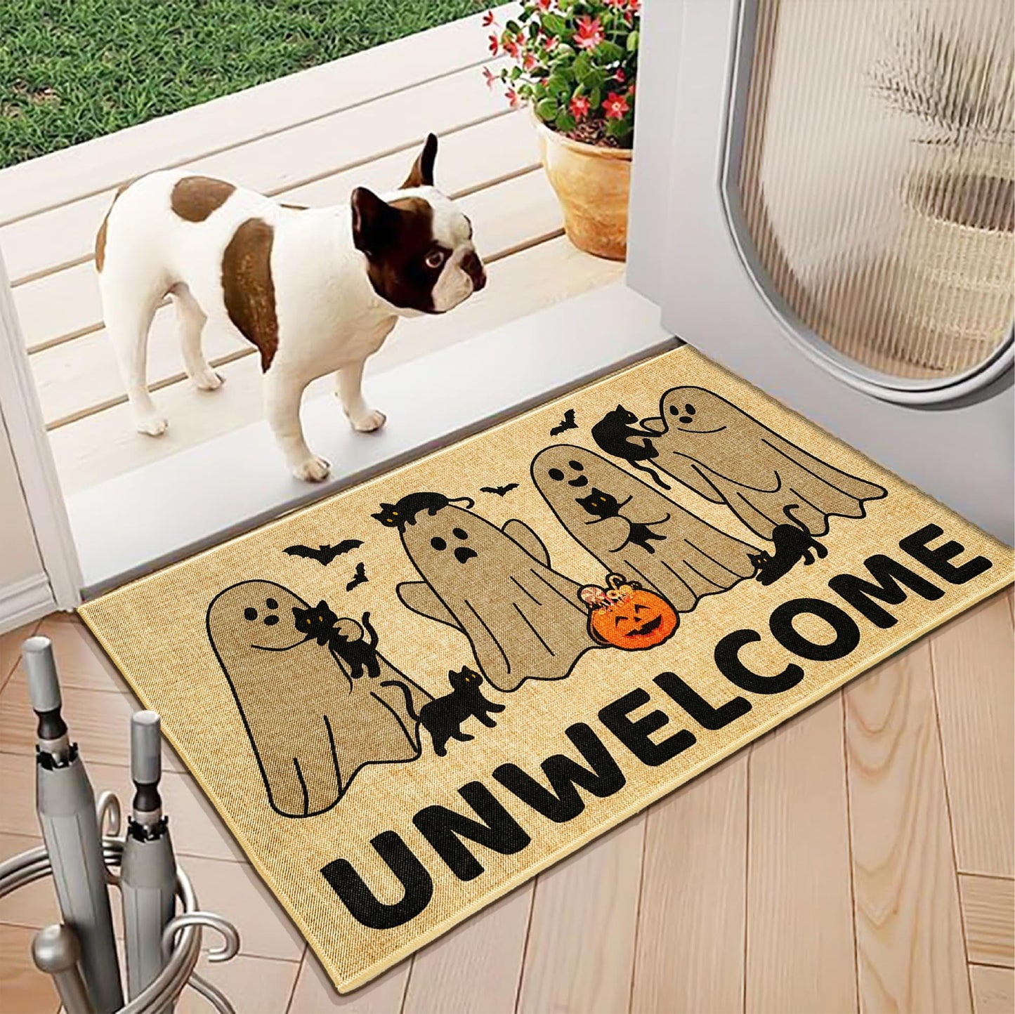 Kazova Unwelcome Doormat Funny Ghost Boo 17x30 Inch Non Slip Washable Linen Indoor Outdoor Rug for Introvert Home Office Front Door Entryway