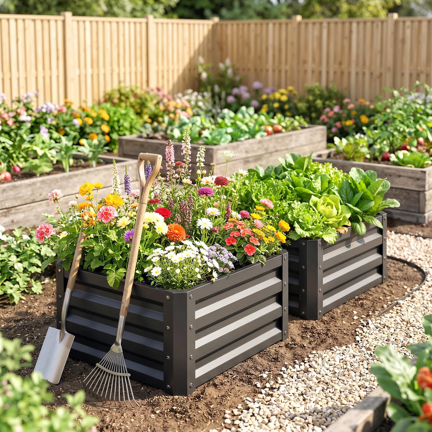 Outsunny 2 Piece Galvanized Raised Garden Bed, 2' x 2' x 1' Metal Planter Box for Growing Vegetables, Flowers, Herbs, Succulents, Dark Gray