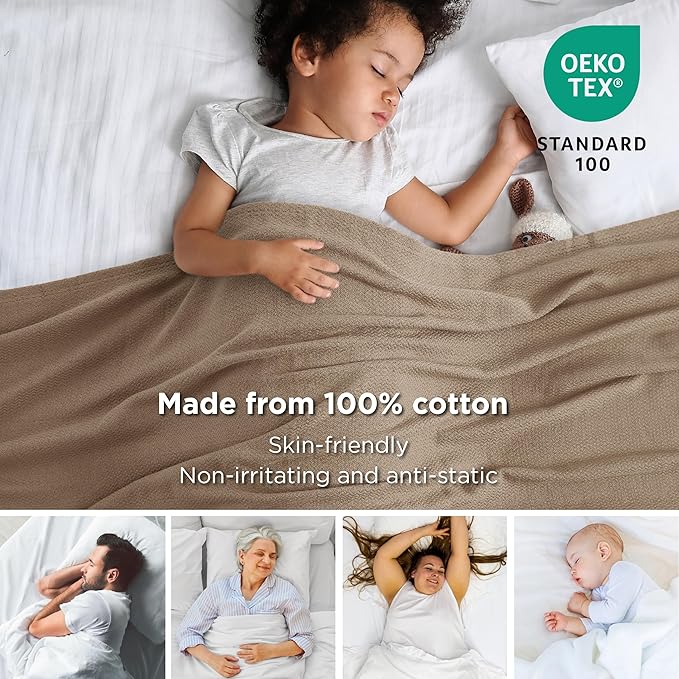 Bedsure 100% Cotton Blanket Twin XL Size for Bed - Breathable and Lightweight, Soft Cozy Textured Herringbone Woven Blanket for Summer Spring, Tan, 66x90 inches