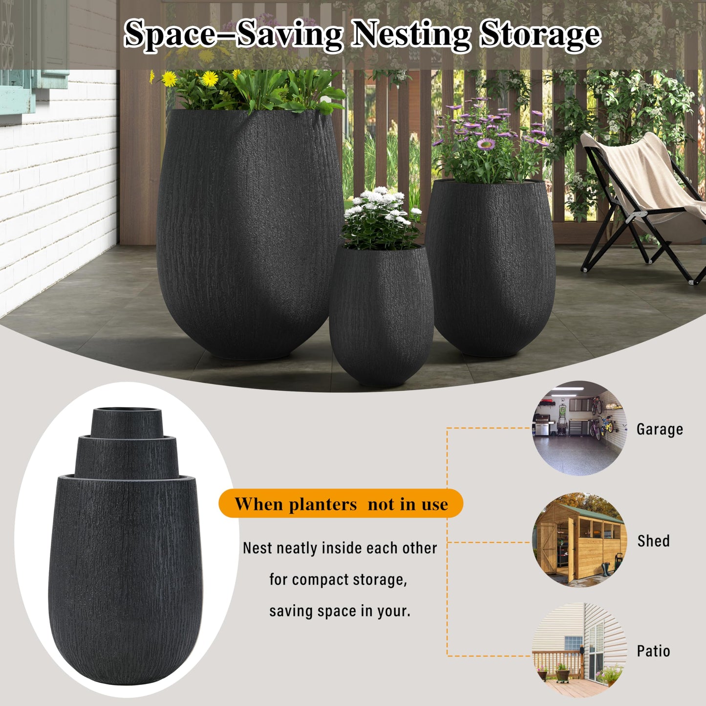GDFStudio Lightweight MgO Egg-Shaped Planter Set of 3 Large Indoor Outdoor Plant Pots with Drainage Hole & Rubber Plug, Stone Texture Round Flower Pots for Patio Balcony Garden Lawn Poolside, Black