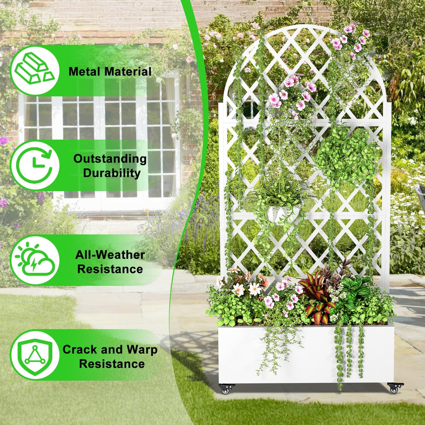 Metal Planter Box with Trellis, Raised Garden Bed with Drainage Hole, Privacy Screen, Wheels, 73"x 35"x 16" Planters Box for Climbing Plants Vegetable Vines, Space-Saving Design, White