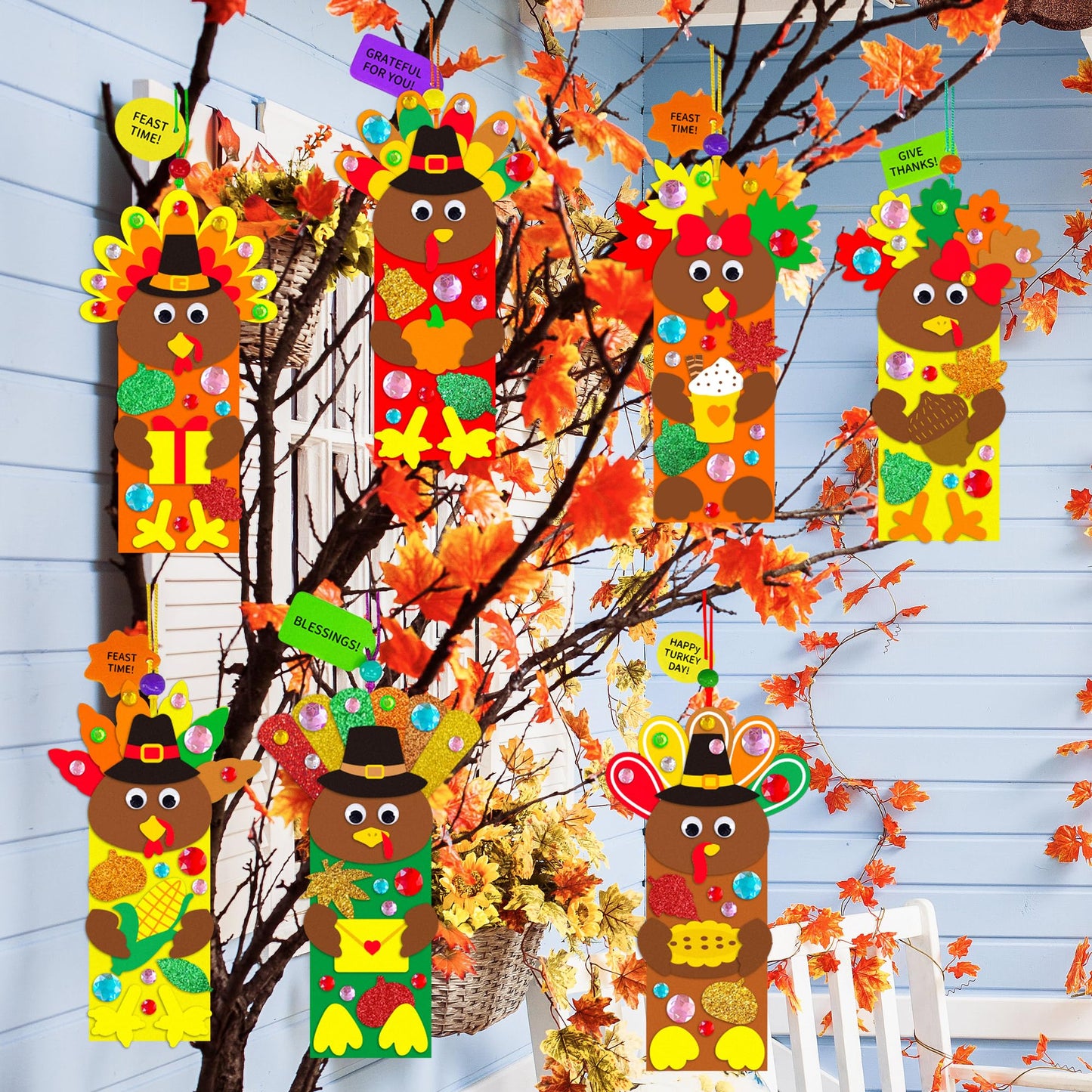 EUVBOKW 24 Sets Thanksgiving Turkey Craft Kits,Fall DIY Felt Bookmarks with Autumn Leaf Stickers Activities for Thanksgiving