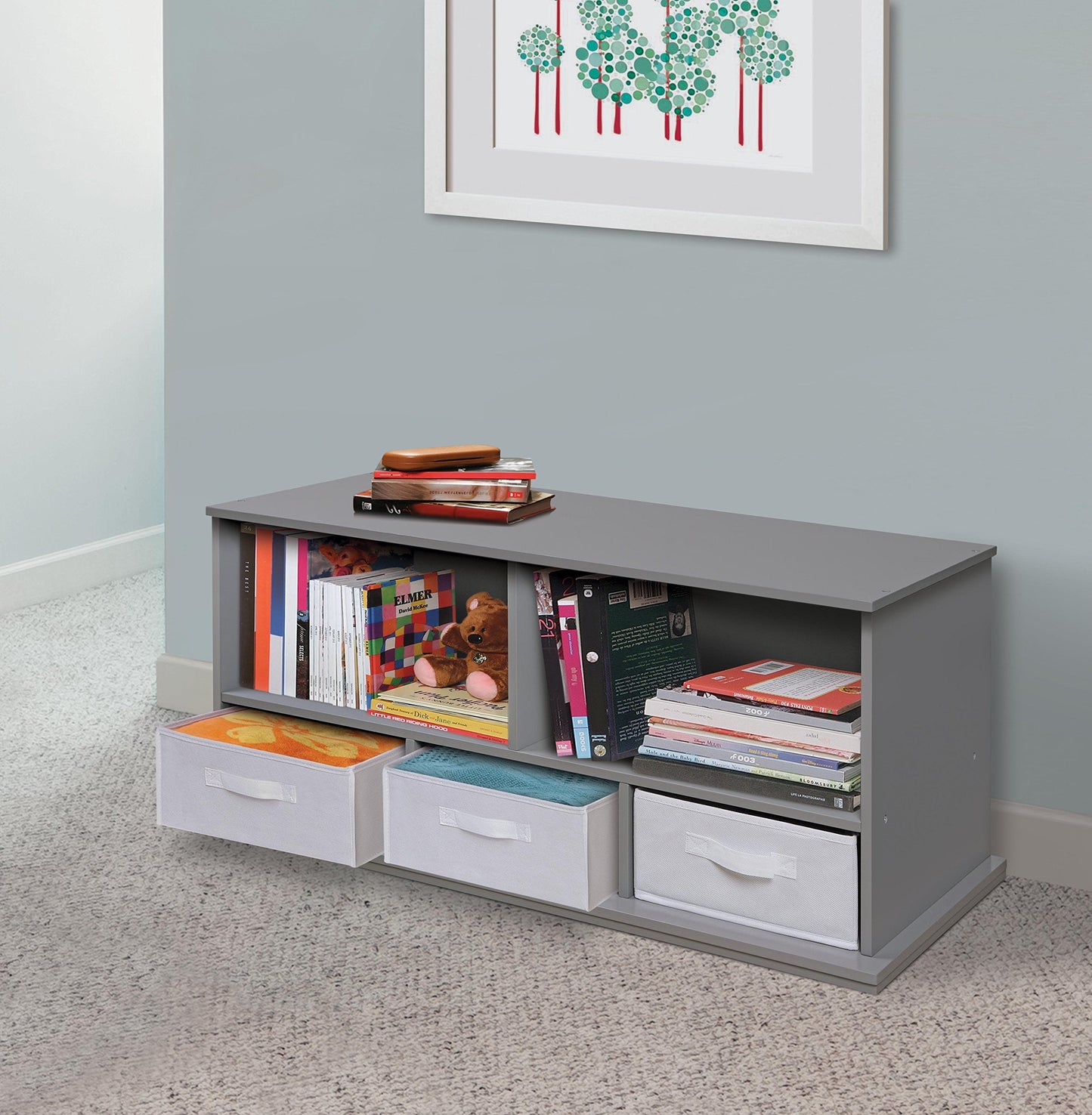 Badger Basket Stackable Toy Storage Organizer - 5-Shelf Modular Unit with 3 Removable Fabric Bins, Solid Panel Construction, Expandable Design for Toys and Crafts - Gray