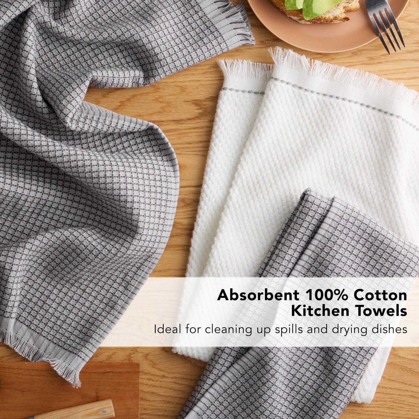 KitchenAid Gourmet Series Gridlines Kitchen Towels 3-Pack Set, 100% Cotton Absorbent, Matte Grey, 18"x28"