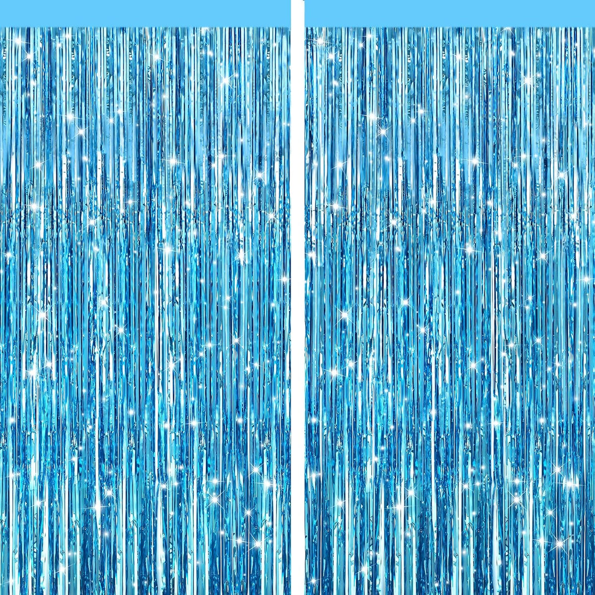 2 Pack Light Blue Metallic Tinsel Foil Fringe Curtains, Door Streamers Photo Booth Backdrop for Birthday Party, Tinsel Curtain Backdrop for Baby Shower Bachelorette Christmas Party Decorations