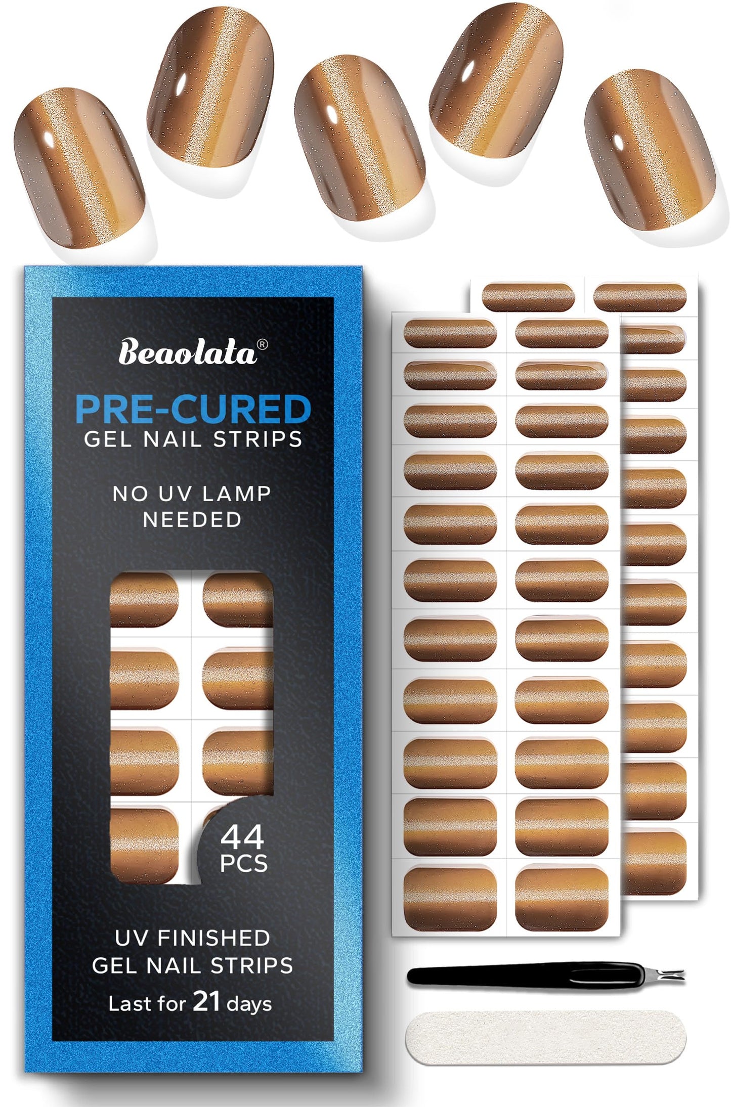 Beaolata Real Gel Nail Strips (No UV Light Needed) - 44Pcs Salon Quality Nail Stickers - Long Lasting Polish Wraps for Women, Easy Apply & Remove (Honeyed Gem Brown)