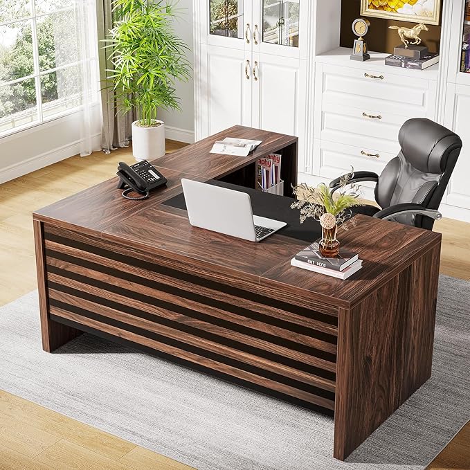 Tribesigns 62.2" Executive Desk with Mobile File Cabinet, L-Shaped Office Desk with Storage Shelves, Large Computer Table Business Workstation Set for Home Office, Dark Brown