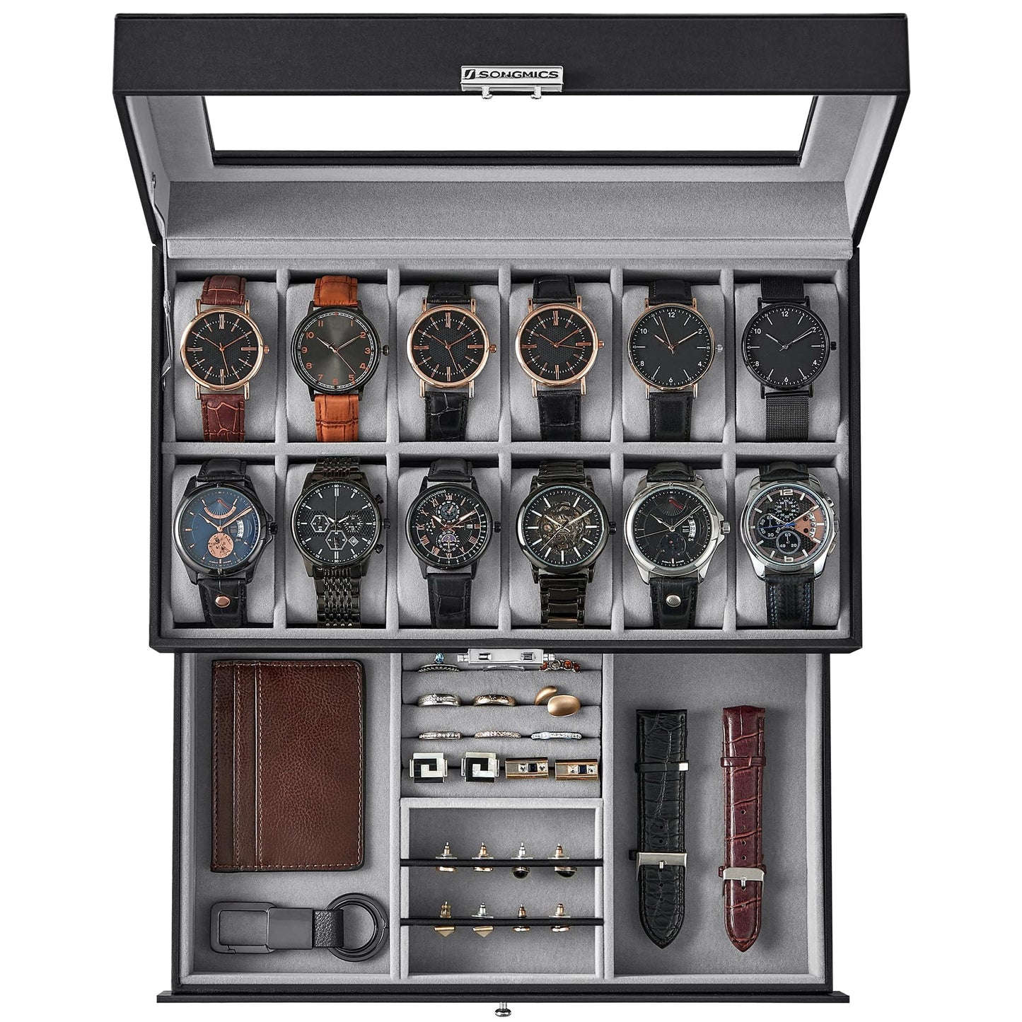 SONGMICS Watch Box, 12-Slot Watch Case Organizer with Large Glass Lid, 2 Layers, Removable Pillows, Metal Lock, Gift for Loved Ones, Black Synthetic Leather, Gray Lining UJWB012