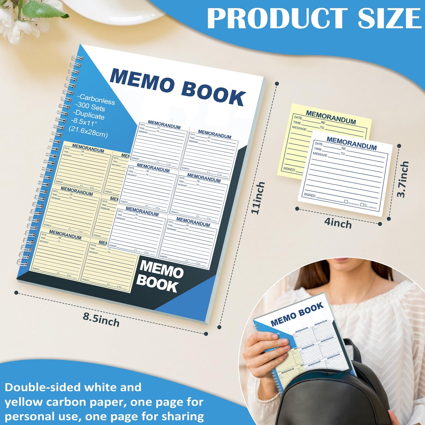 Memorandum Forms Book 300 Sets Carbonless 2 Part Duplicate Memo Pads 8.5x11 Inches Phone Message Book Spiral Bound With Tear Off Line And Writing Board Backing Suitable For Office Or School(1, Blue)