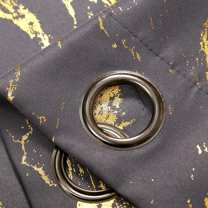Taisier Home Gold Foil Print Linen Textured Curtains Geometric Marble Pattern Design Curtains for Dollhouse Light Filtering Window Treatment 2 Panels 63" L,Soft Grey and Gold Print