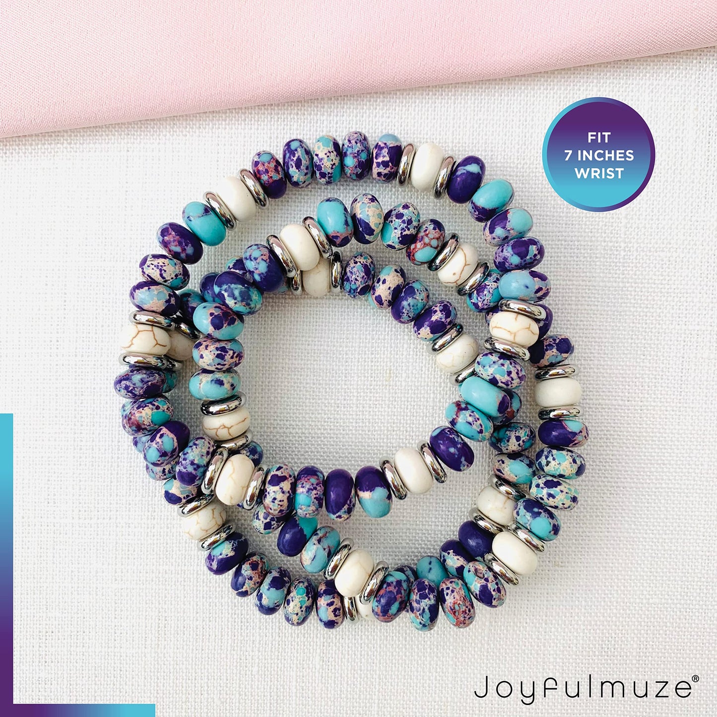Joyfulmuze Purple and Blue Beaded Bracelets For Women, Emperor Turquoise and White Lava Marble Stone, Handmade Stretchable Multi Color Unisex Gift (Purple-Emperor+White-Marble-Lava)