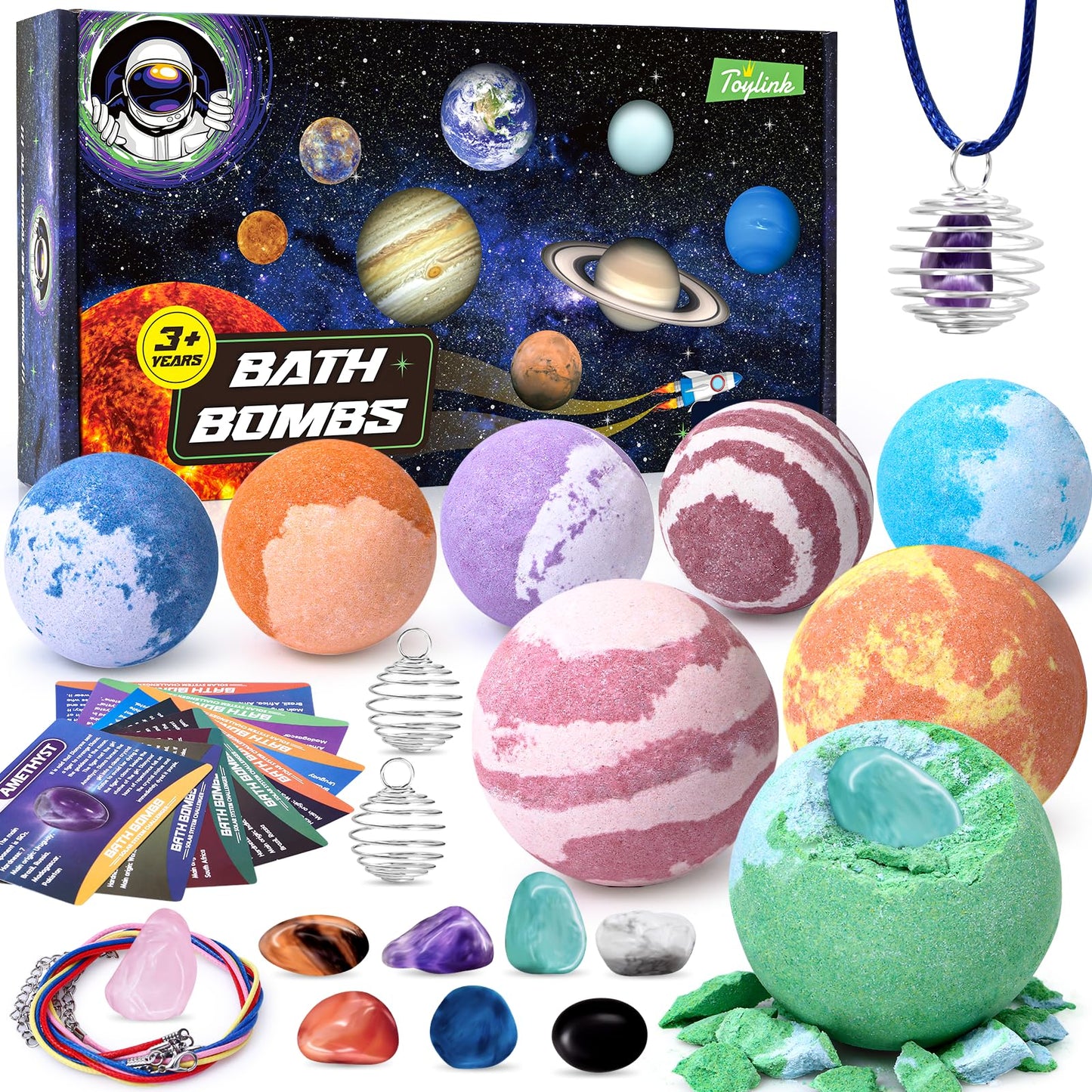 Toylink Galaxy Bath Bombs for Kids with Surprise Inside Space Toys, 8 Pack Planet Bath Bombs with Solar System Gemstones Organic Bubble Bath Fizzies Birthday Christmas Gift for Boys Girls