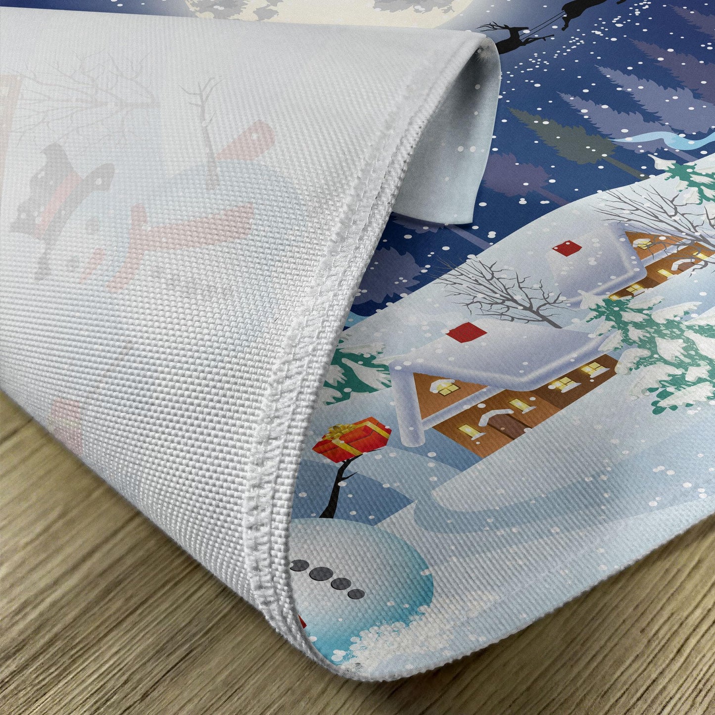 Ambesonne Christmas Place Mats Set of 8, Winter Season Snowman Xmas Tree Santa Sleigh Moon Present Boxes Snow and Stars, Washable Fabric Placemats for Dining Table, Placemat 8 pcs, White Blue