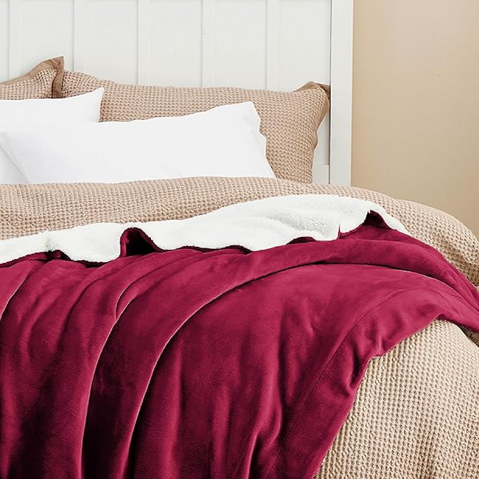 Bedsure Sherpa Fleece Blankets Queen Size for Bed - Thick and Warm, Soft Fuzzy Plush Queen Blanket for Winter, Red, 90x90 Inches