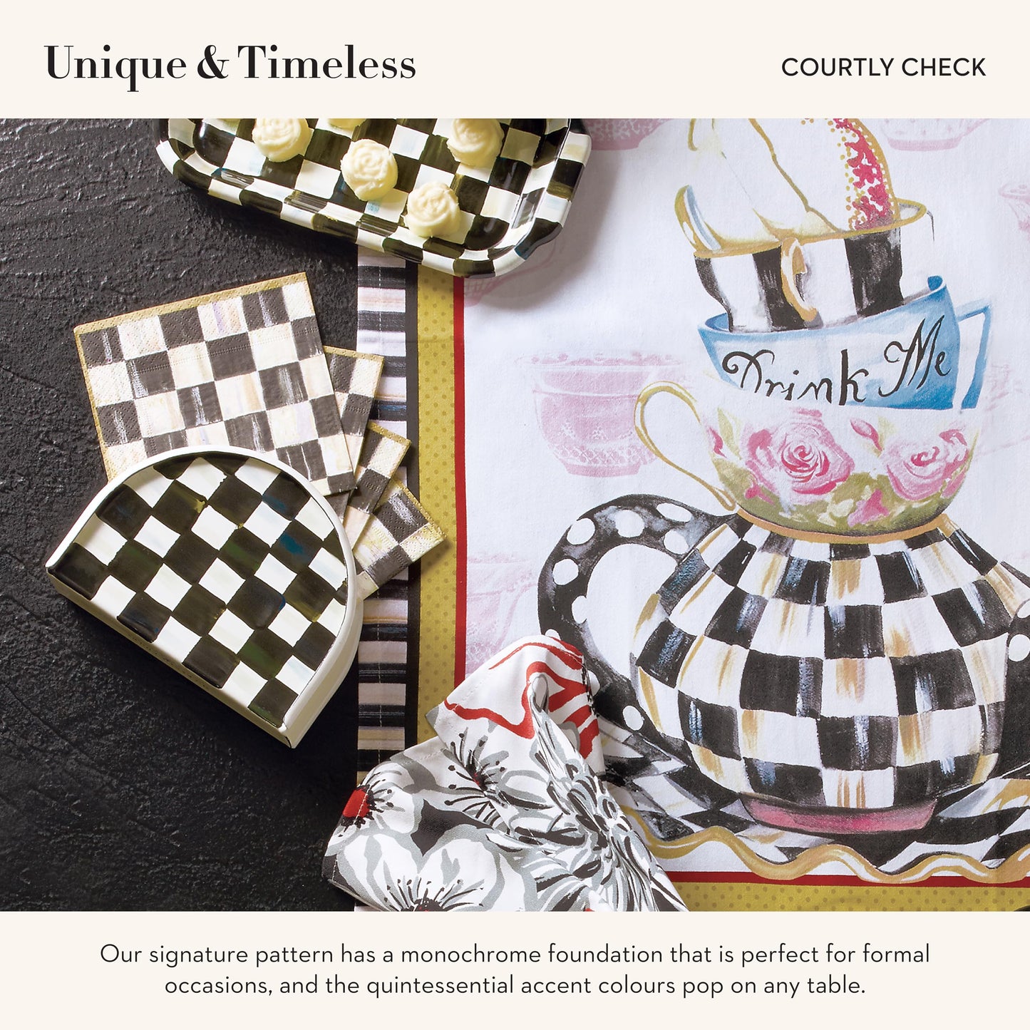 MACKENZIE-CHILDS Cocktail Napkin Holder, Kitchen Napkin Holder for Table and Countertop, Black-and-White Courtly Check