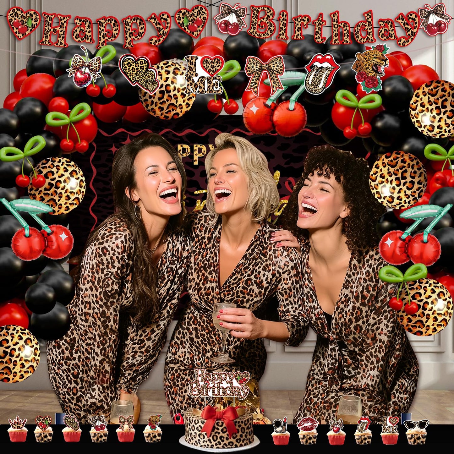 Cheetah and Cherry Birthday Decorations for Women Girls - Red and Black Balloon Arch Kit, Cherry and Cheetah Print Balloons, Tablecloth, Banners, Cake Toppers, Girls Night, Bachelorette Party Decor