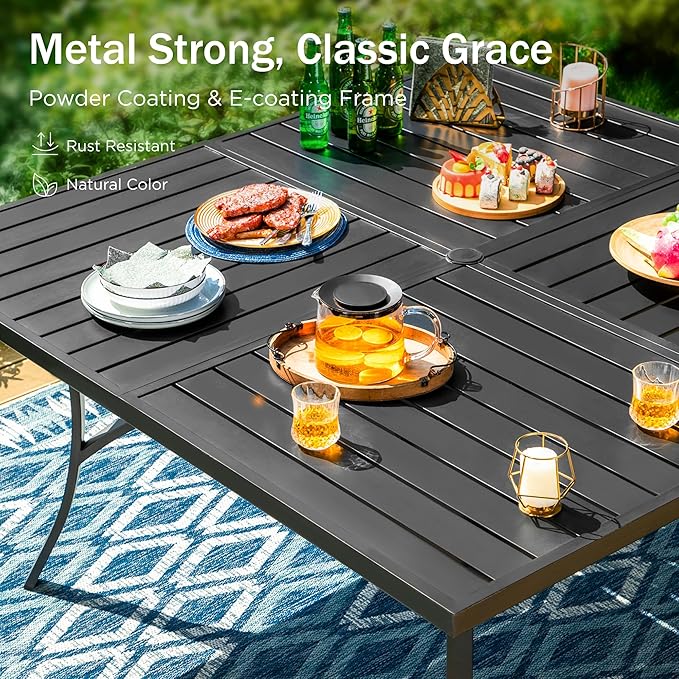 PHI VILLA 9 Pieces Outdoor Dining Set for 8, 60" Square Black Metal Table with Umbrella Hole & Wrought Iron Chairs, All Weather Outside Furniture with Red Cushions & Pillows for Patio, Deck, Porch