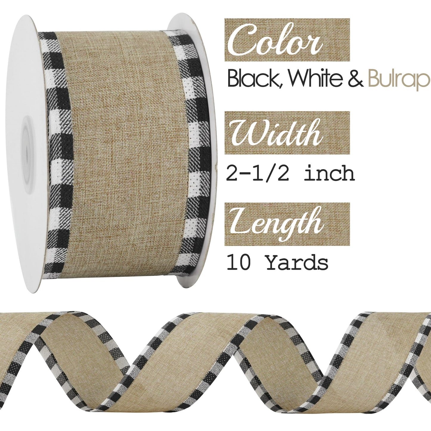 MEEDEE Burlap Christmas Ribbon Wired 2.5 Inch Plaid with Black and White Checkered Edging 10 Yards for Christmas Tree and Wreath Making